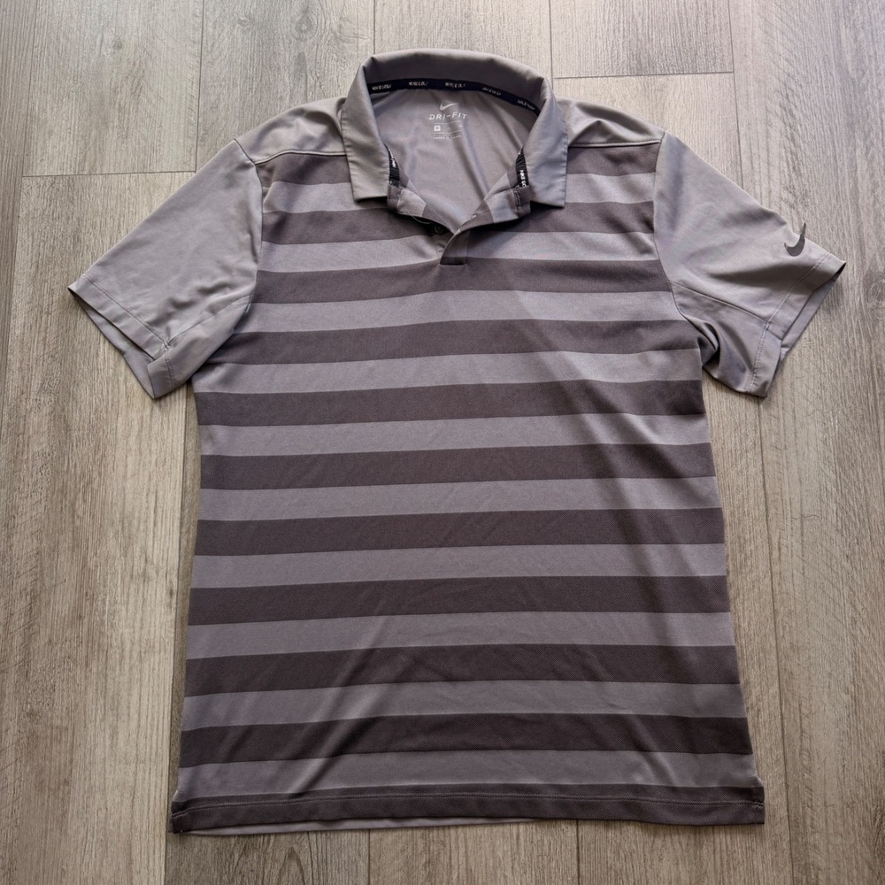 Nike Golf Dri-Fit Polo Shirt Mens M Gray Stripe Short Sleeve Athletic
